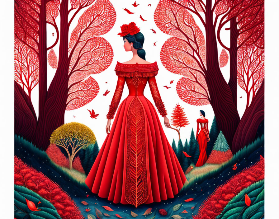 Stylized illustration of two women in red dresses among autumnal trees