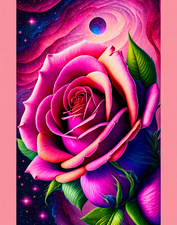 Detailed digital artwork: Pink rose held by hands in cosmic setting