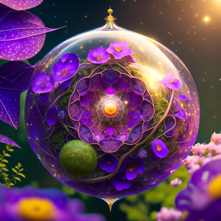 Glass orb with vibrant mini-universe, purple flowers, glowing patterns, and central light on starry