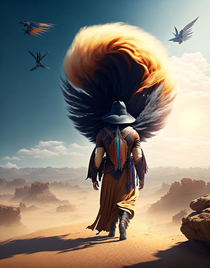 Exaggerated fiery hair person in desert with fantastical birds