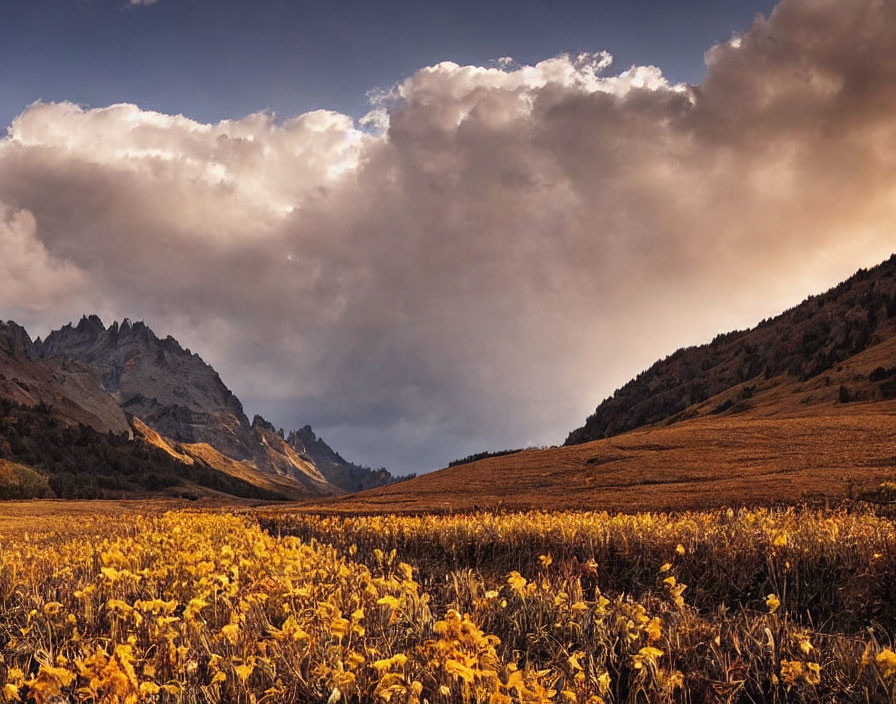 Scenic autumn landscape with golden fields and mountain peaks