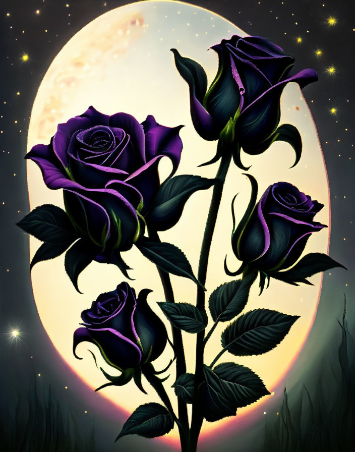 Dark Purple Roses with Full Moon and Stars in Mystical Night Scene