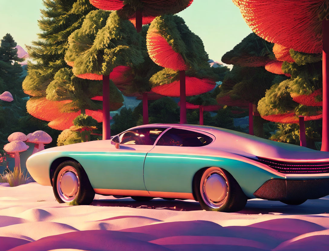 Retro-futuristic car in fantasy woodland setting with oversized mushroom trees