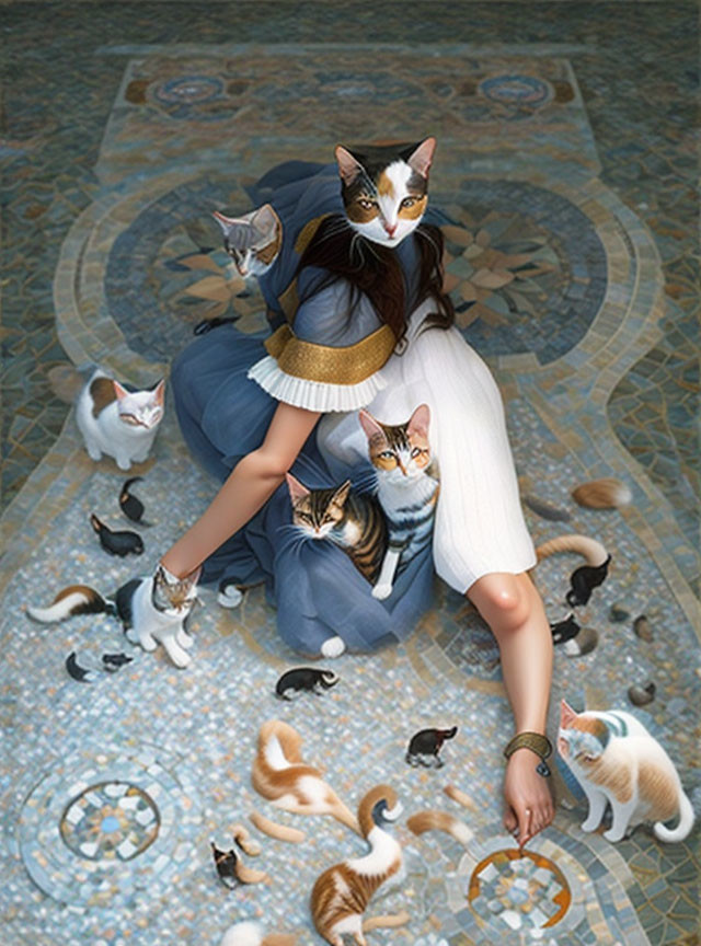 Person with multiple cats and cat face overlay on patterned floor