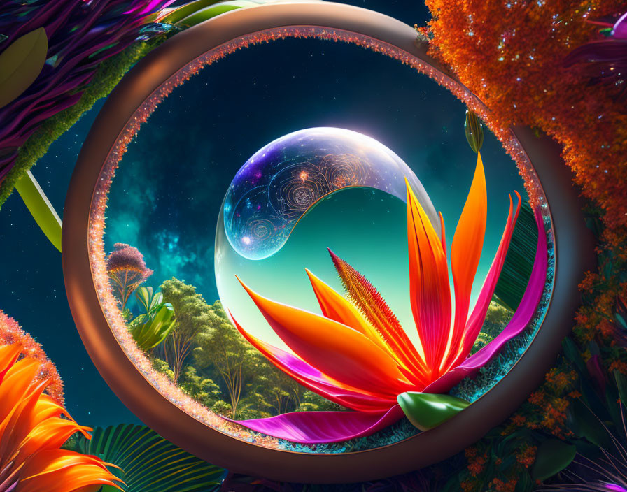 Colorful surreal landscape with crystal ball, flower, greenery, and cosmic backdrop.