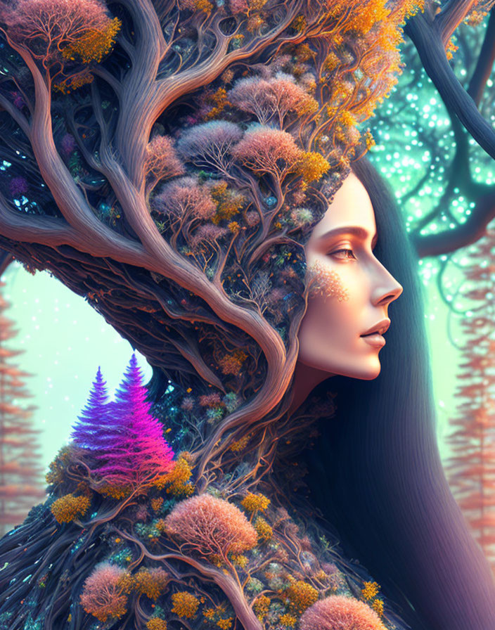 Woman with tree and vibrant foliage in mystical forest setting