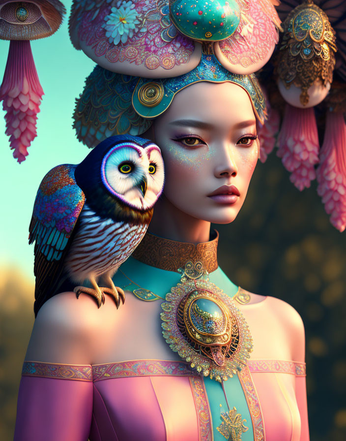 Digital Artwork: Woman with Elaborate Headdress and Owl on Shoulder