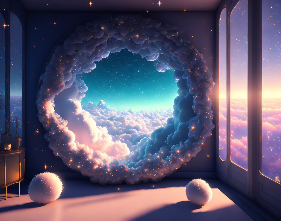 Surreal room with circular window, clouds, stars, and fluffy spheres