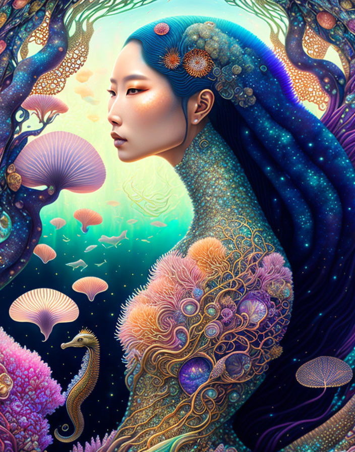 Illustrated woman surrounded by vibrant marine life and coral