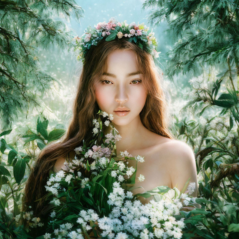 Woman wearing floral crown in lush forest surrounded by white blooms