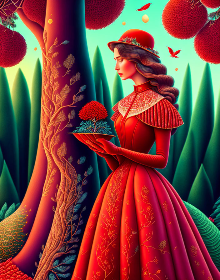 Woman in red vintage dress in colorful forest with birds and oversized fruit