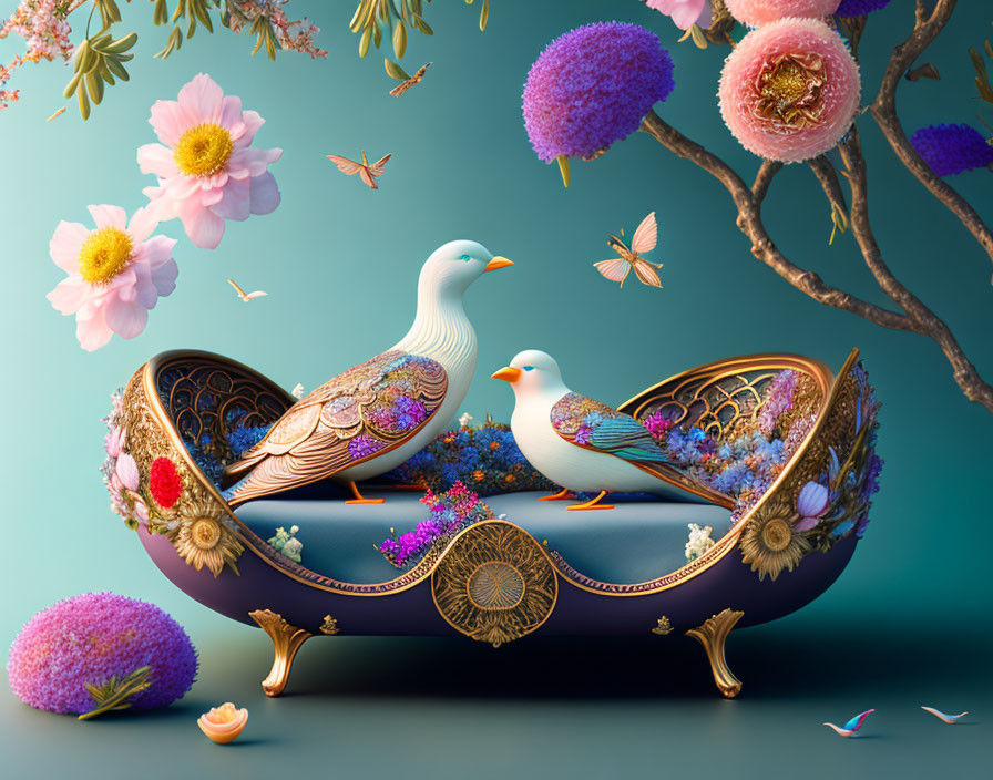 Ornate bird-shaped couch with floral and butterfly decorations on teal backdrop