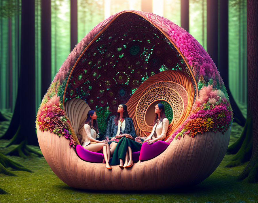 Three People Inside Giant Shell Structure with Floral Patterns in Enchanted Forest