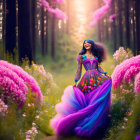 Colorful Woman in Flowing Dress Among Pink and White Flowers in Sunlit Forest