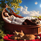 Woman lying in terracotta pot surrounded by greenery and sleeping cats under moonlit sky.