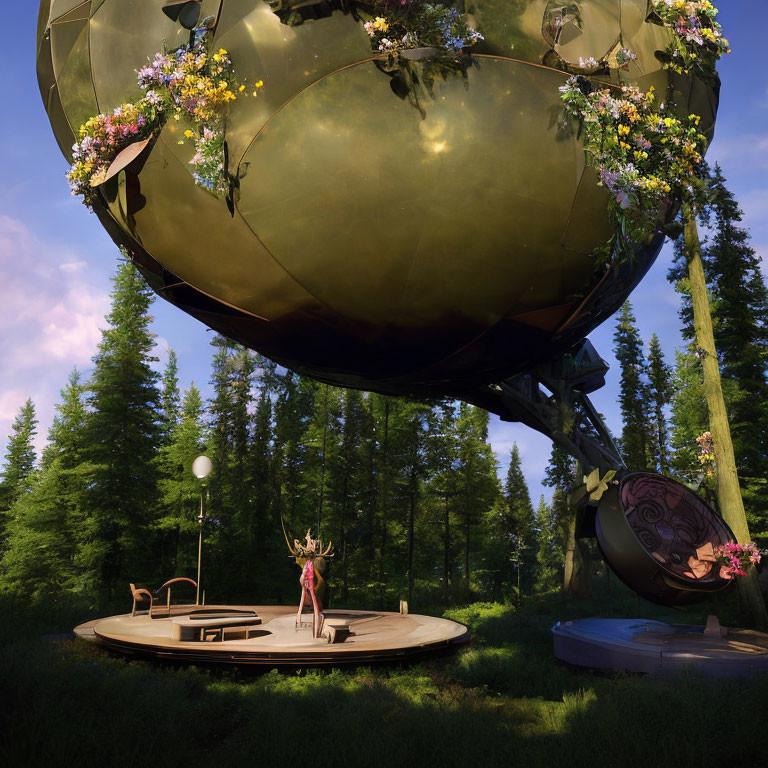 Giant Golden Balloon and Floral Decor in Forest Setting