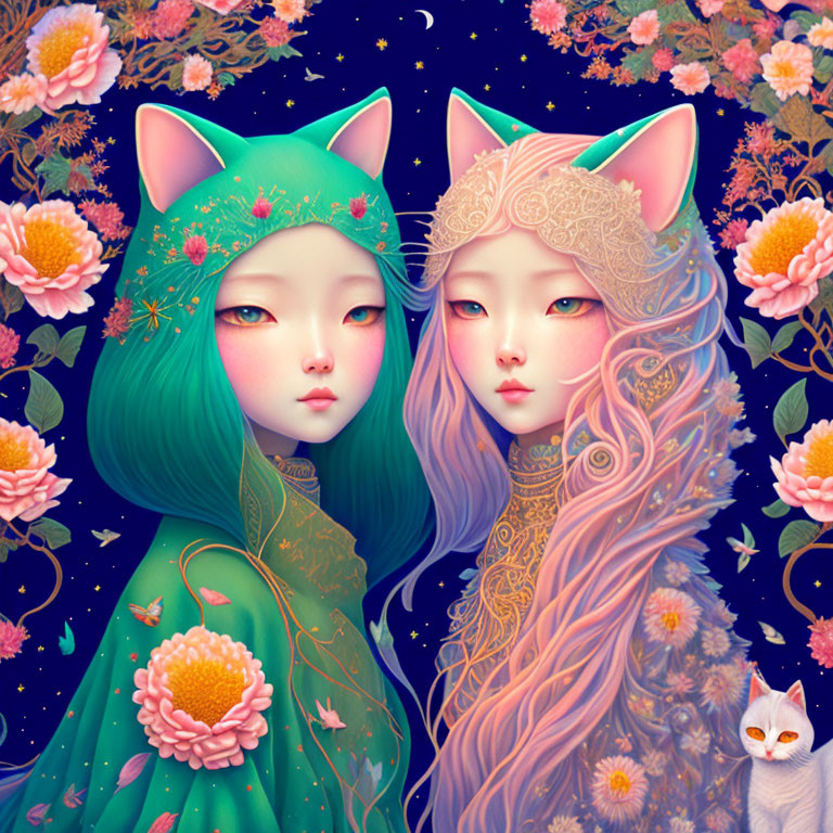 Artistic cat-eared characters in intricate clothing with floral details in vibrant flower-filled background.