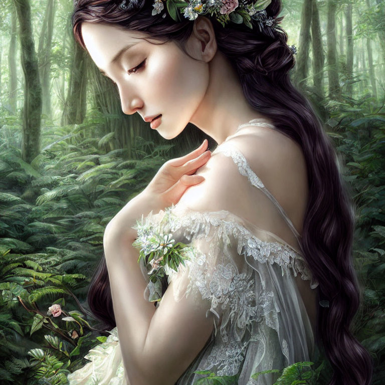 Woman with Long Hair and Floral Wreath in Ethereal Forest Setting