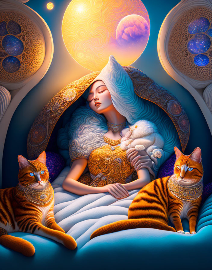 White-Haired Woman Sleeping Under Arch with Ornate Cats in Celestial Setting