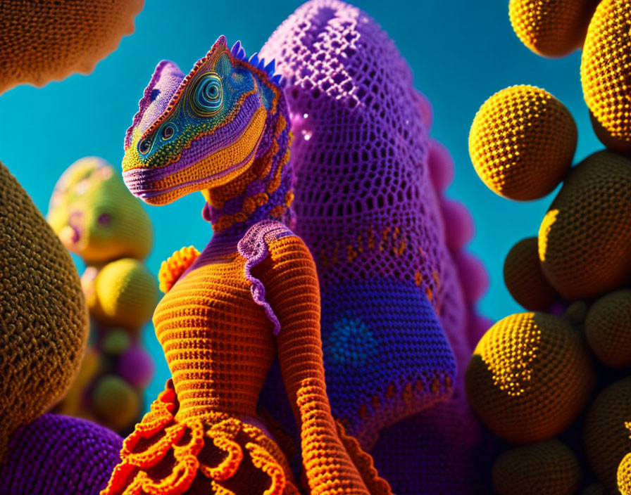 Vibrant Crocheted Dinosaur Figures on Blue Background