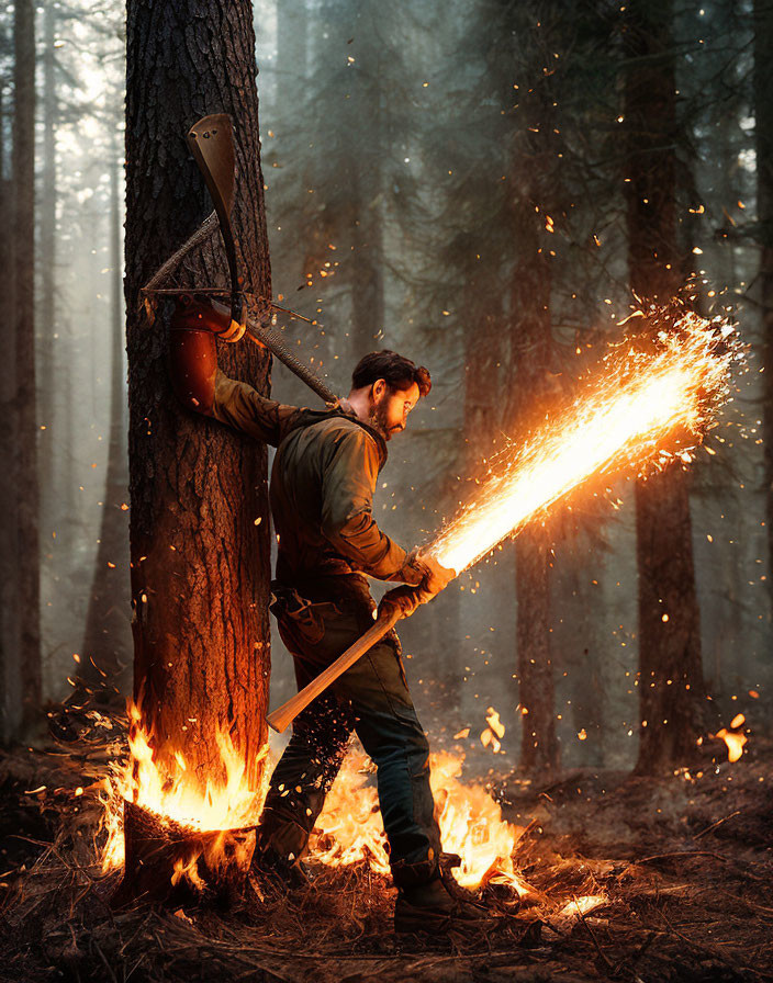 Man in forest sparks flames striking tree with axe