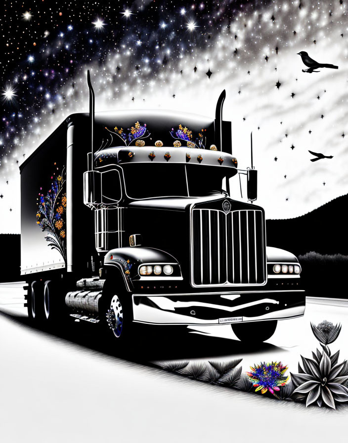 Stylized black semi-truck with decorative patterns under starry sky and birds in flight.