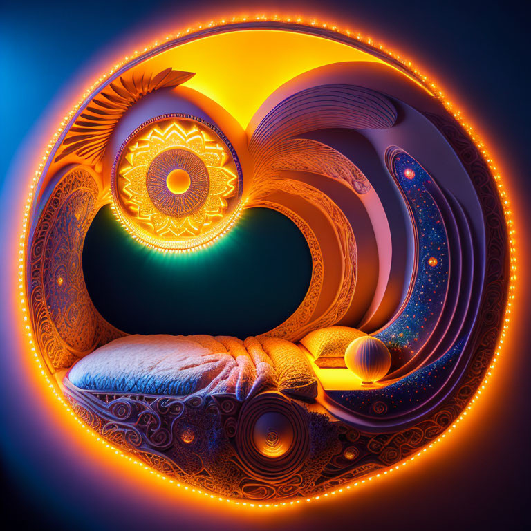 Abstract digital art: swirling shapes, intricate patterns, glowing elements, warm color palette.