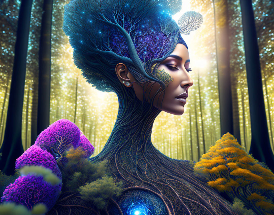 Artwork: Woman with Tree-Like Features in Enchanted Forest