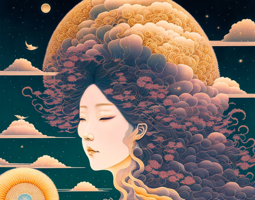 Illustration of woman with intricate hair in celestial background.