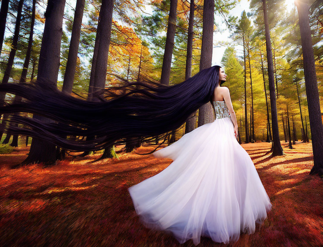 Woman in White Dress Stands in Sunlit Autumn Forest