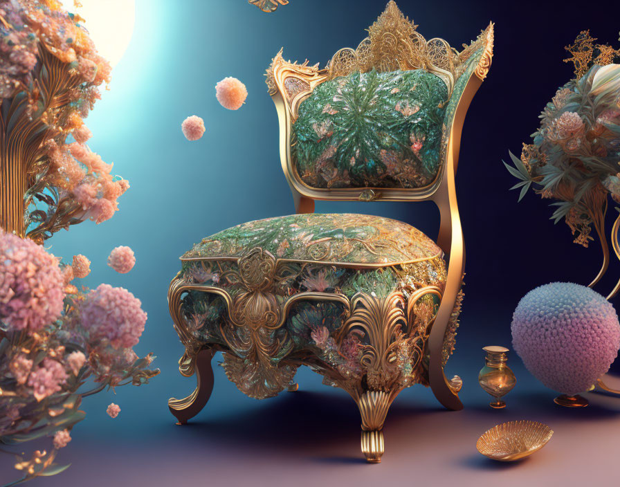 Intricate golden chair with floral upholstery amidst floating pastel flowers and golden decor on blue background