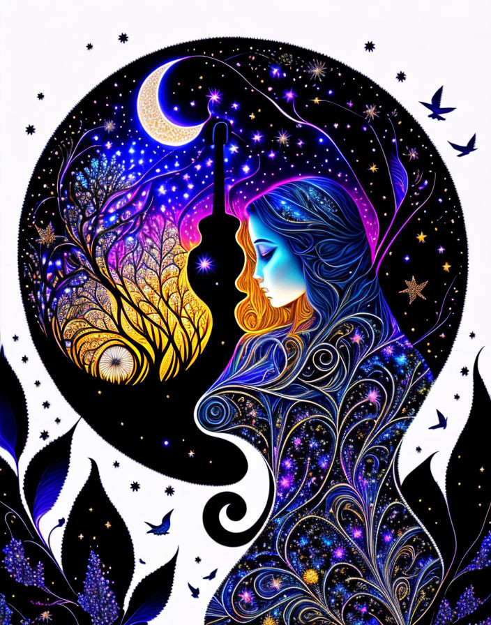 Colorful Artwork: Woman's Silhouette with Cosmic and Nature Motifs