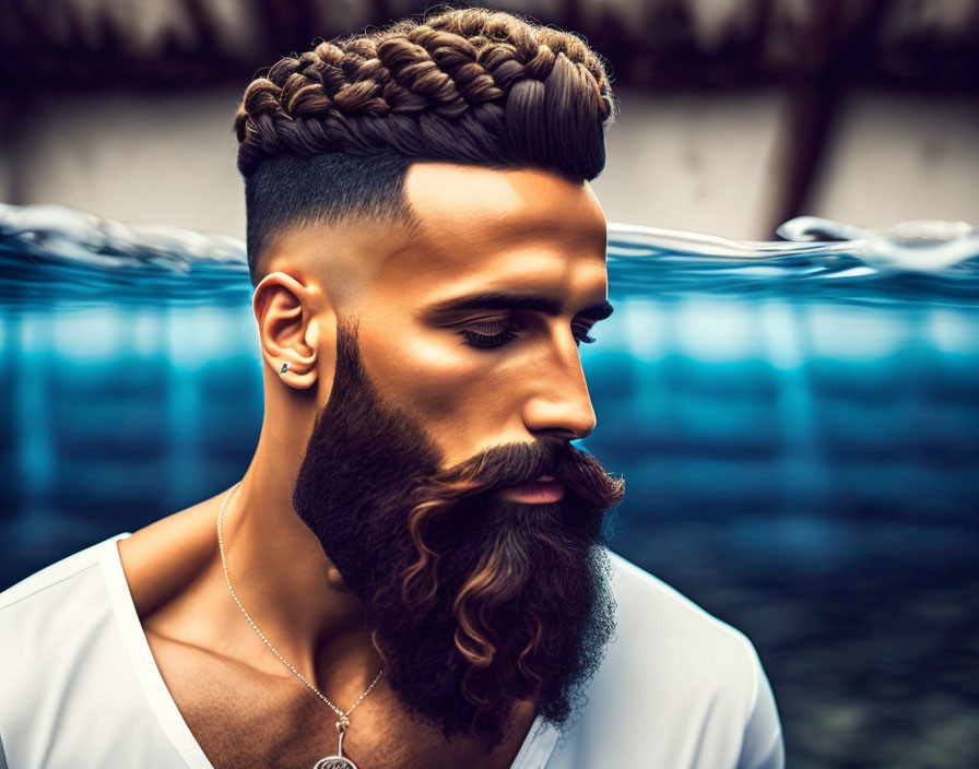 Stylized man with beard and braided hair in white shirt near rippling water