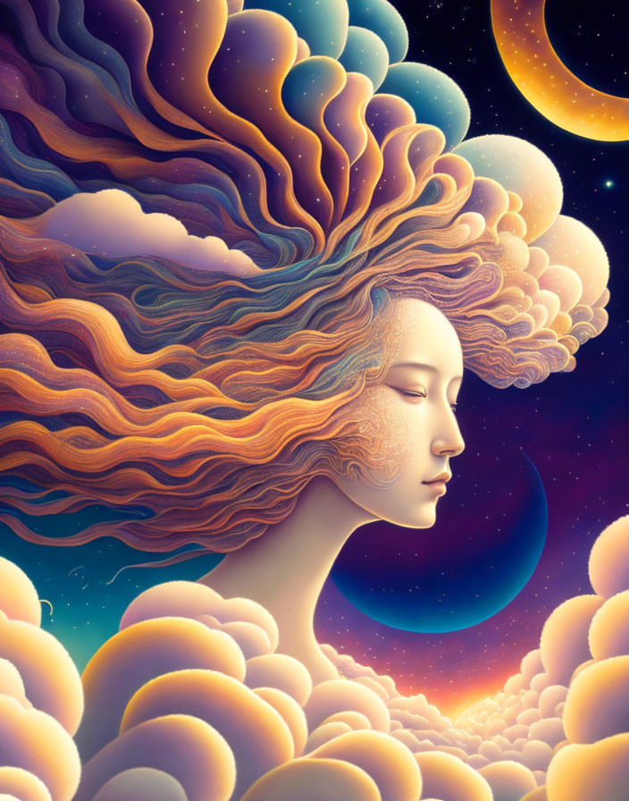 Surreal illustration of woman with flowing hair in cosmic background