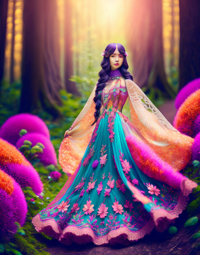 Fairy-tale princess doll in magical forest with vibrant flowers