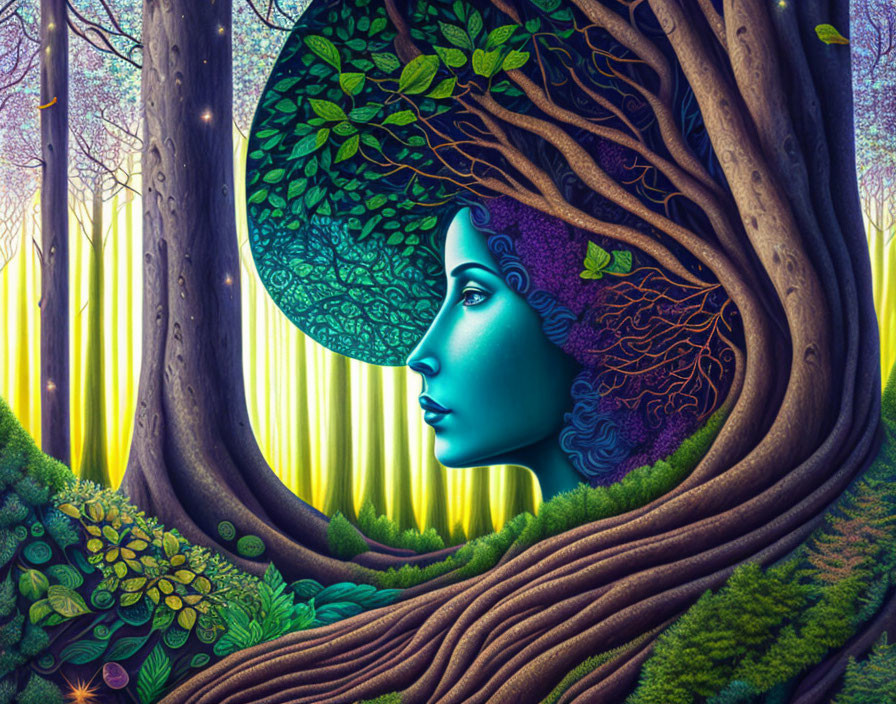 Colorful Woman's Profile Merging with Tree in Forest