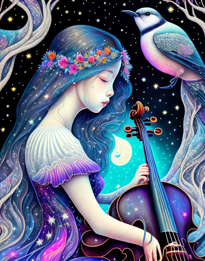 Illustration of woman with long hair, floral crown, violin, bird, and starry background