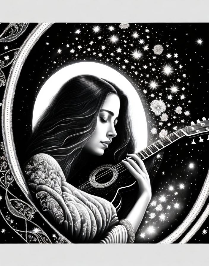 Monochromatic illustration of woman playing guitar under crescent moon