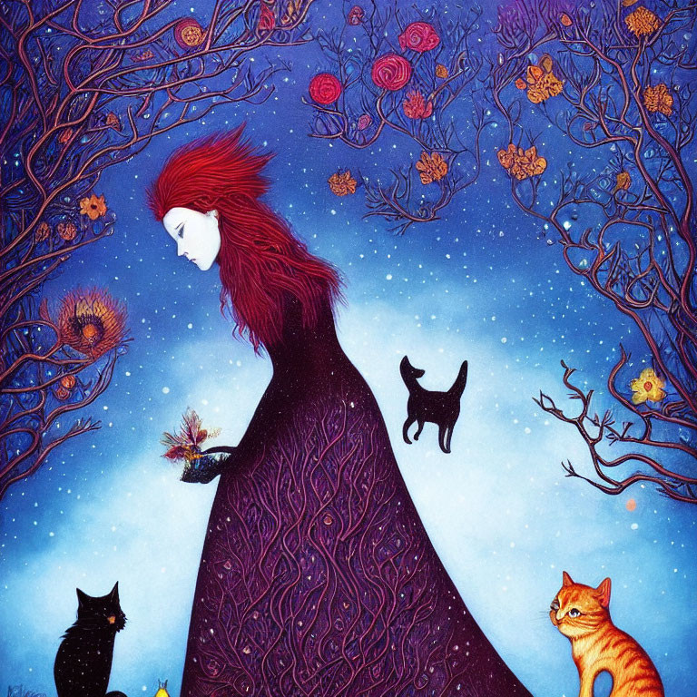 Illustration of Woman with Red Hair, Cats, and Night Sky