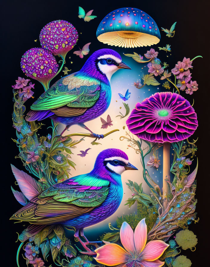 Colorful Birds Amid Fluorescent Nature Scene