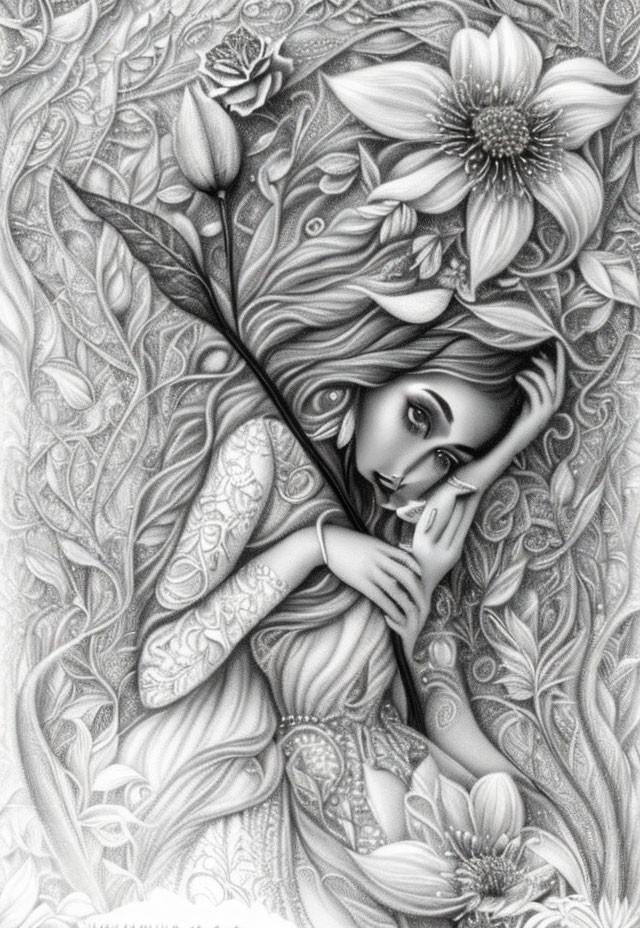 Detailed monochrome artwork: Woman intertwined with floral patterns, serene amidst blossoms.