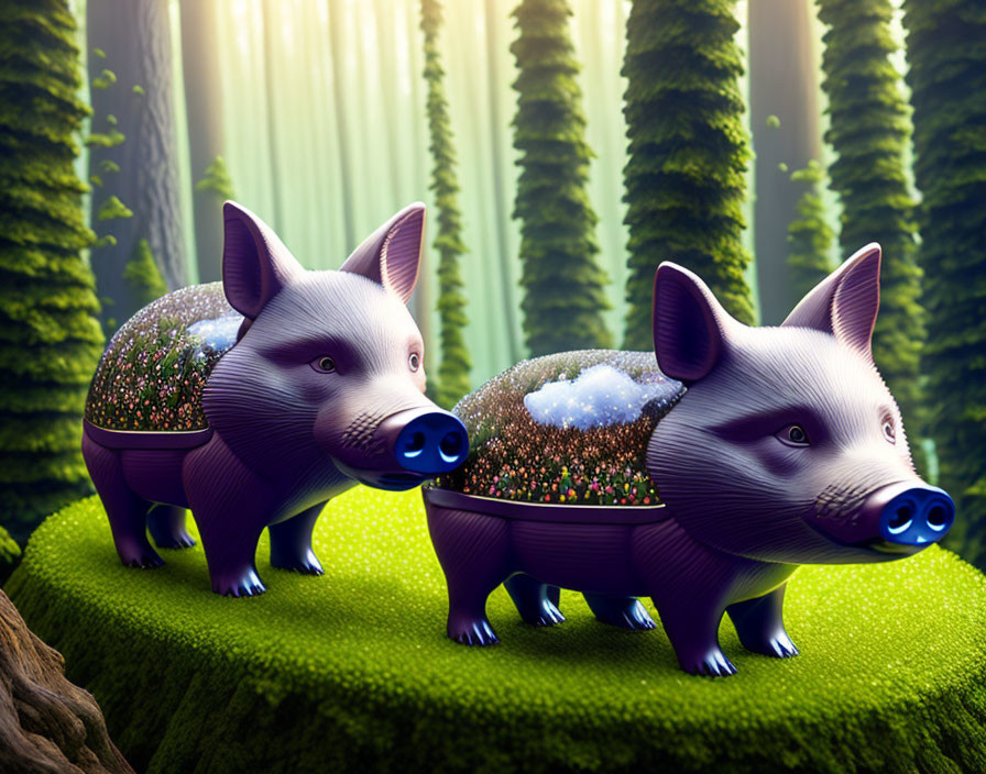 Colorful Flowered Boar Planters in Snowy Forest Scene