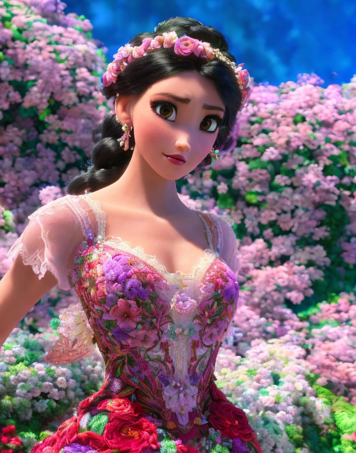 Animated character in floral dress and flower crown among vibrant flowers