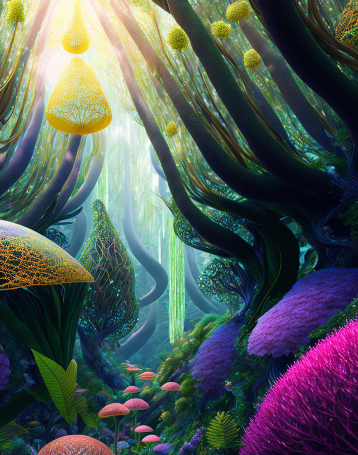 Fantastical forest with luminescent plants and large mushrooms