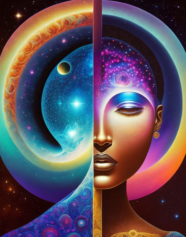 Dual-faced profile illustration: cosmos and woman with traditional adornments