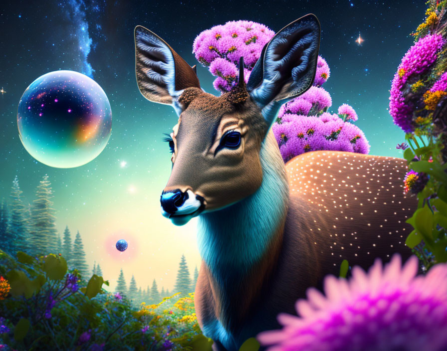 Surreal image: deer with flowering antlers in vibrant, starry landscape