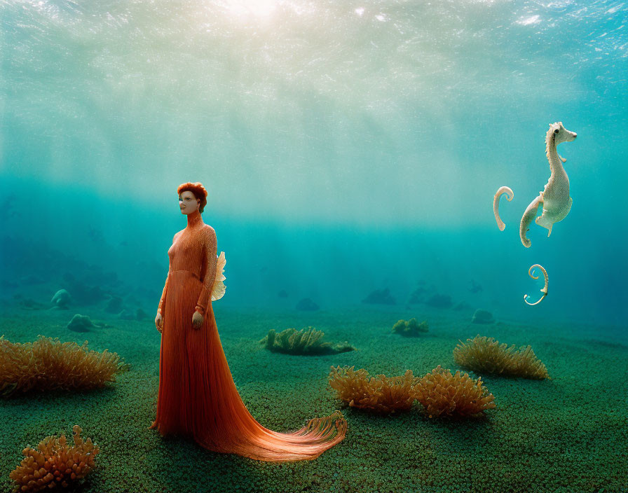 Woman in Orange Dress Underwater with Seahorse and Coral