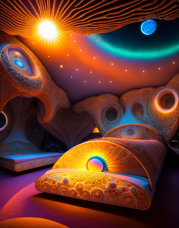 Colorful digital artwork of glowing fractal-like structures in a starlit interior.