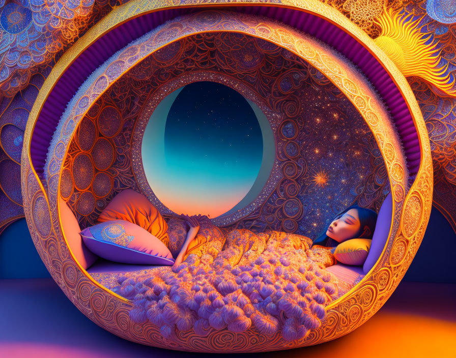 Person sleeping in ornate circular bed under starry night sky