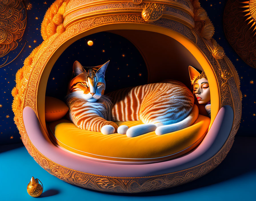 Striped cat in ornate spherical bed on starry night background